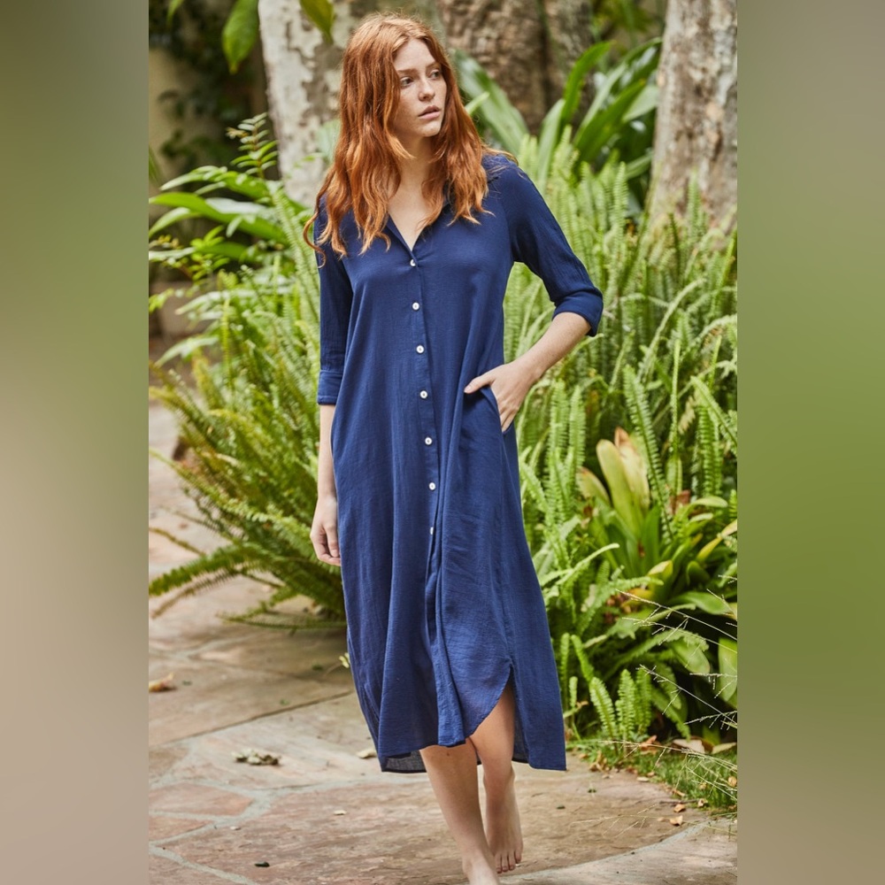 9Seed 9 Seed Resort Vineyard Button Down Shirt Dress Linen Blue Made in USA M/L